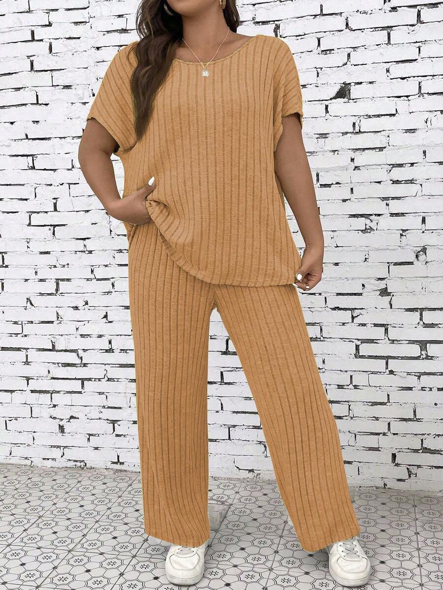 SHEIN LUNE 大尺碼純色棱紋短袖上衣和長褲兩件套 - 橘色 - 查看 1