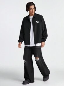 Manfinity VCAY Men Letter Print Button Front Jacket, Long Sleeve, Going Out, Boyfriend Gift, Bomber Jacket, For Fall Winter