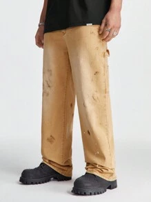 Manfinity Hypemode Men's Loose Straight Cut Khaki Baggy Jeans With Street Paint Pattern - Khaki - View 6