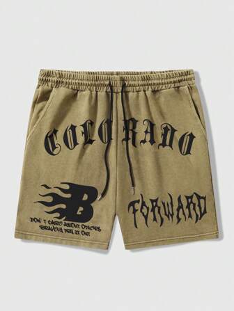 Prep Pantalones cortos para hombre con nudo delantero, estampado de letras y bolsillo, ropa casual