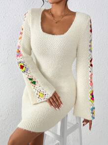 Chiquease Women's Colorful Embroidery Simple Daily Wear Sweater Dress Fall Winter Cloth For Women - Beige - View 5