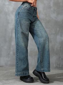 SHEIN EZwear 斜口口袋寬腳牛仔褲（無腰帶） - 中等水洗藍 - 查看 4