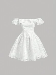 SHEIN MOD White Layered Ruffle Off-Shoulder Dress With Floral Cutouts And Short Hemline,Tube Dress,Summer Wedding