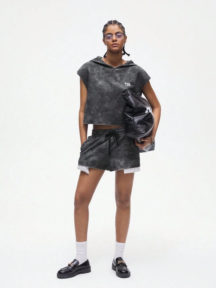 SHEIN Maija 2 peças/Conjunto Top com Capuz Morcego e Shorts Amarrados na Frente para Volta às Aulas Feminino, na cor Cinza