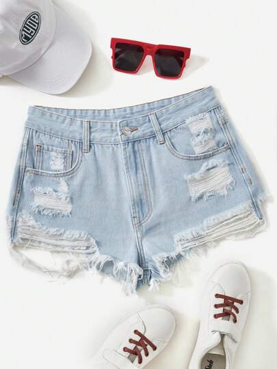 SHEIN EZwear Quần short denim nữ Nút Dây kéo Túi Hem thô Bị tách màu trơn