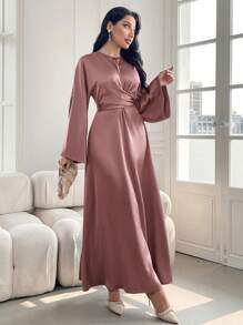 Modelyn Ladies' Solid Color Simple Daily Long Sleeve Dress Long Evening Dresses - Dusty Pink - View 6