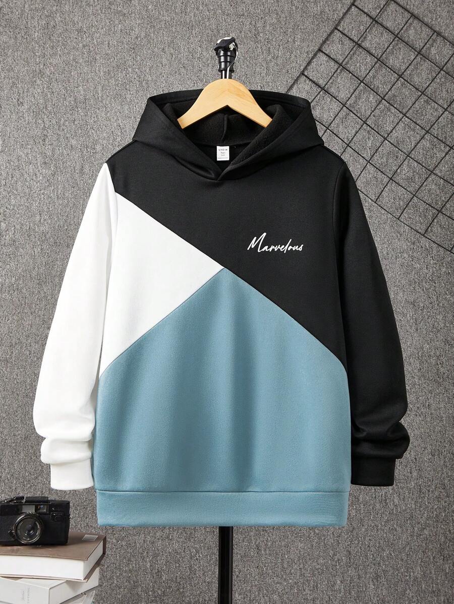 SHEIN 青少年男童休闲宽松舒适印花撞色卫衣，适合秋冬季穿着 - 彩色 - 查看 1