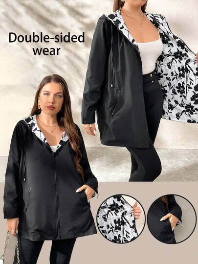 SHEIN Clasi Chaqueta de doble cara a prueba de viento de talla grande para otoño/invierno, un lado impreso en blanco y negro, un lado de unicolor