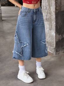 SHEIN Lockere Jean Capri Hose im Y2K Vintage Street Style für Teenager Mädchen mit neutralen aufgenähten Fünf-Sterne-Verzierungen