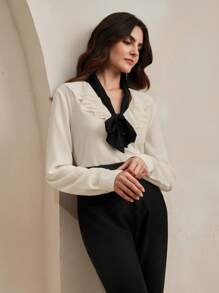 Anewsta Elegant & Chic Contrast Color Tie-Up Ruffle Trim Long Sleeve Women Shirt - Beige - View 1
