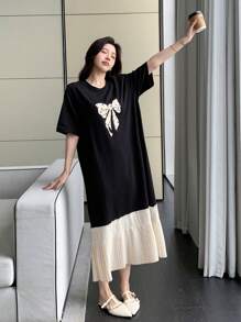 DAZY 夏季优雅女士蝴蝶结拼布连衣裙、荷叶边、休闲女士连衣裙 - 黑與白 - 查看 7
