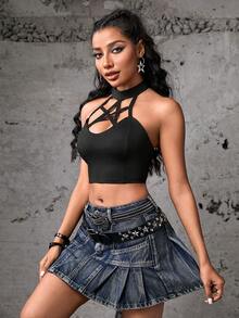 SHEIN Sports 肚裸運動短背心 - 黑色 - 查看 10