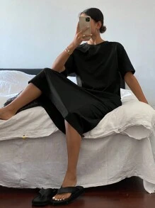 Livesso Vestido largo de mujer de manga corta y cuello redondo, vestido casual diario de verano