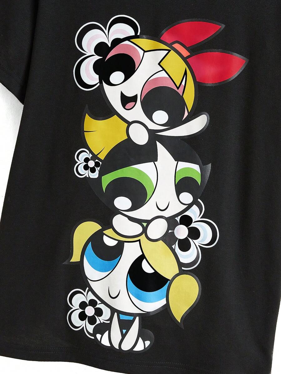 THE POWERPUFF GIRLS X SHEIN 女士休闲宽松圆领超大街头花卉、泡泡、毛茛图案黑色短袖 T 恤，适合夏季