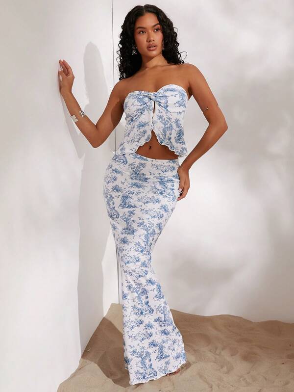 Opulessa Conjunto de dos piezas estampado con flores azules y blancas, romántico, de ajuste slim para mujer, para playa, festival, vacaciones de verano. Top sin tirantes estampado de punto de ajuste slim y falda larga de cintura alta para mujer de talla alta, sexy, para fiesta