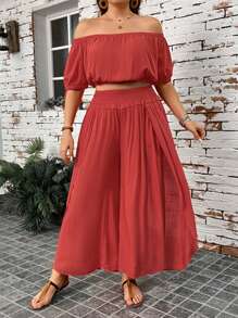 SHEIN LUNE Plus Off Shoulder Crop Top & Shirred Waist Wide Leg Pants - Red - View 5