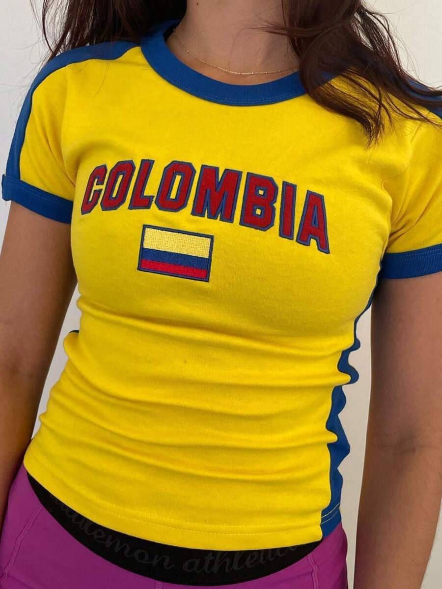 INAWLY Letter Graphic Color Block Short Sleeve Tee Graphic Tees Women Tops - Yellow - View 1