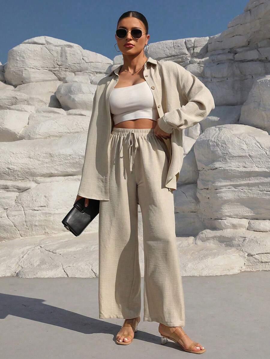 EMERY ROSE Plus Size Solid Color Long Sleeve Shirt And Pants Set, Holiday Leisure Fall Cloth For Women - Apricot - View 1