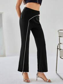SHEIN Privé Black Fashionable Asymmetrical Design Zipper Split Flared Mid-Rise Women's Casual Pants Fall Cloth For Women - Black - View 5