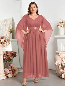 Vestido de fiesta largo con cuello en V profundo, mangas de mariposa, encaje con lentejuelas y gasa, para ocasiones especiales - Rosa vieja - Ver 4