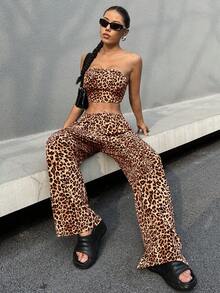 SHEIN EZwear 女士豹紋圓領短上衣和長褲套裝 - 咖啡棕 - 查看 5