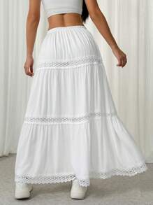 SHEIN EZwear Jupe longue évasée de couleur unie blanche avec dentelle contrastée - Blanc - Voir 2