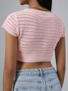 SHEIN Unity Solid Solid Crop Pointelle Knit Top - Pink - View 2