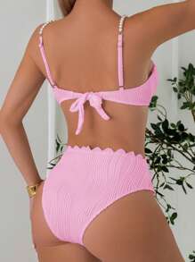Women's Solid Color Simple Daily Bikini Set With Faux Pearl Decoration Summer Beach - Baby Pink - View 4