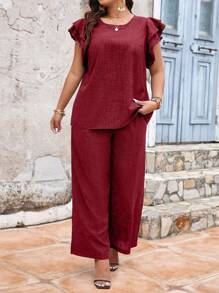 SHEIN Unity Conjunto de dos piezas de talla grande para mujer, sencillo y diario, con camiseta de manga corta y pantalones largos lisos - Burdeos - Ver 4