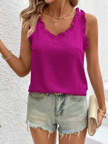 SHEIN LUNE 女士夏季纯色V领宽松吊带背心，带荷叶边装饰 - 中紫紅色 - 查看 3