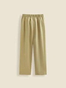 THE HAPPY LOOK Teen Boys Spring/Summer Khaki Linen Striped Casual Drawstring Waist Daily Outdoor Pants - Khaki - View 2