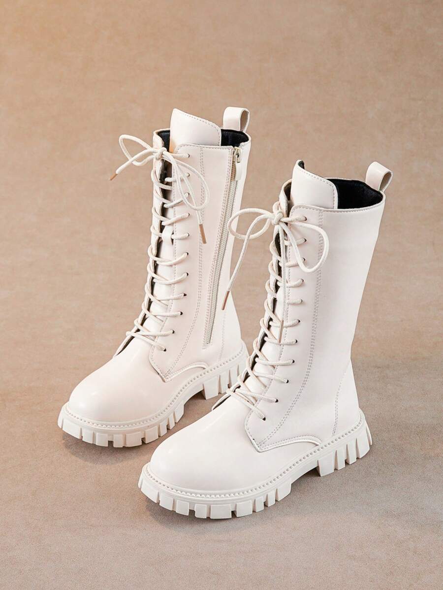 冬天靴子,新風格中至大孩子們高筒靴帶厚,側拉鍊馬丁靴適用於兒童,及膝靴子適合女孩 - 米色 - 查看 1