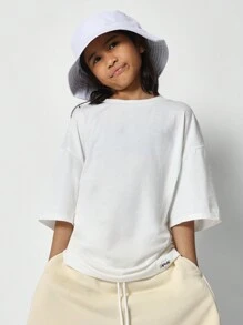 SUMWON Tween Girls 超大版型修身 T 恤，背面有夏季印花和短款 2 件套 - 卡其色 - 查看 3