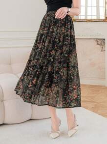 DAZY Falda con volantes con estampado floral diminuto, conjunto de ropa de vacaciones para mujer - Negro - Ver 6