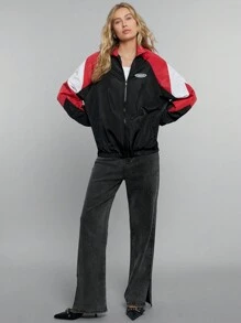 SHEIN EZwear 秋冬彩色块字母贴片细节插肩袖夹克 - 彩色 - 查看 3