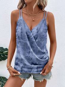 SHEIN Clasi Women's Cross Wrap V-Neck Double Shoulder Strap Elegant Blue Floral Jacquard Satin Camisole - Blue - View 5