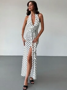 Aloruh New Elegant Heavy Handmade Twist Flower 3D Floral Decoration Sexy Deep V-Neck Backless Waist-Hugging Mermaid Red Cocktail Dress For Date Night,Polka Dot Dress - Black and White - View 1