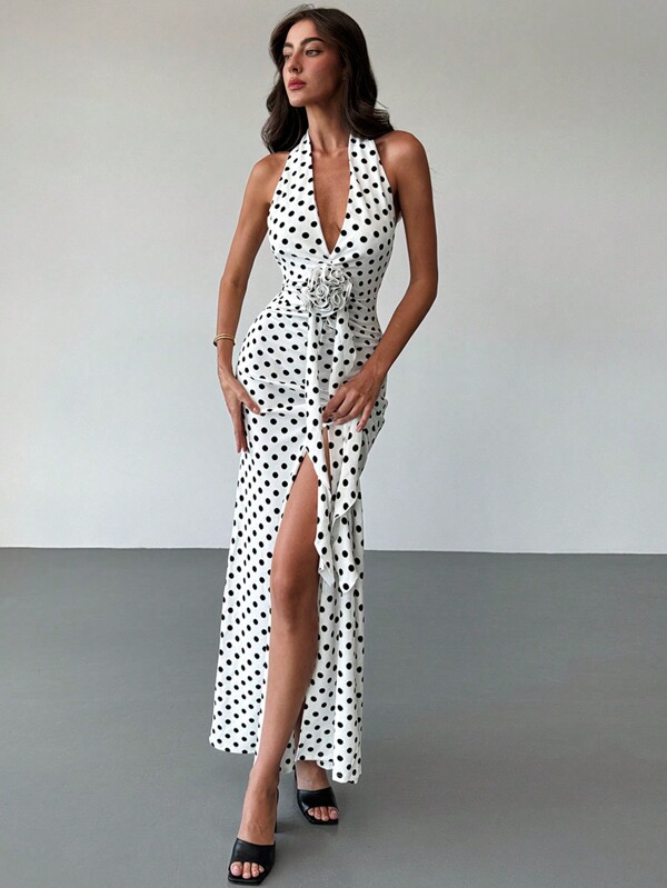 Aloruh New Elegant Heavy Handmade Twist Flower 3D Floral Decoration Sexy Deep V-Neck Backless Waist-Hugging Mermaid Red Cocktail Dress For Date Night,Polka Dot Dress
