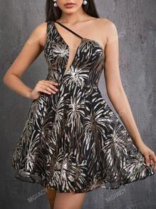 Mgiacy One Shoulder Asymmetrical V-Neck Gorgeous Sequins Sexy Party Skater Dress