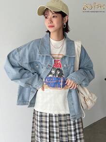 Harry Potter X Friful Women's Retro Washed Loose Denim Jacket With Back Print - Blue - View 7