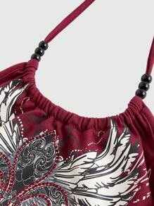 ROMWE Goth Wings Print Halter Top For Summer - Burgundy - View 3