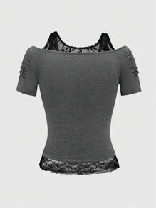 ROMWE Grunge Punk Letter Graphic Contrast Lace Cold Shoulder Tee, School