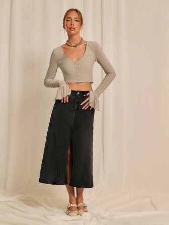 SHEINNeu Ladies' Simple Plain Color Black Denim Skirt For Daily Wear