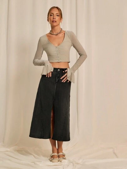 SHEINNeu 女士日常簡約純色黑色牛仔裙