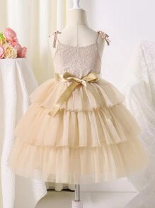 Girls' Princess Dress For Kids, Perfect For Wedding, Piano Performance, Or Birthday Gift, Summer Sleeveless Cake Skirt With 3D Waist Belt Flower - Champagne - View 2