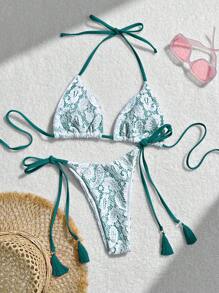 SHEIN Swim Ensemble de bikini sexy d'été pour femmes, avec imprimé paisley et dentelle, encolure ras-du-cou et cravate au cou, pour la plage