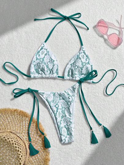 SHEIN Swim 女式夏季沙灘印花蕾絲領結性感比基尼套裝