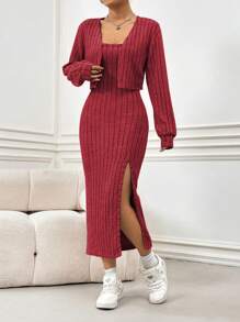 Flirla Casual And Simple Sleeveless Jumpsuit Set With A Shaggy Ribbed Texture For New Year Clothes - Red - View 3