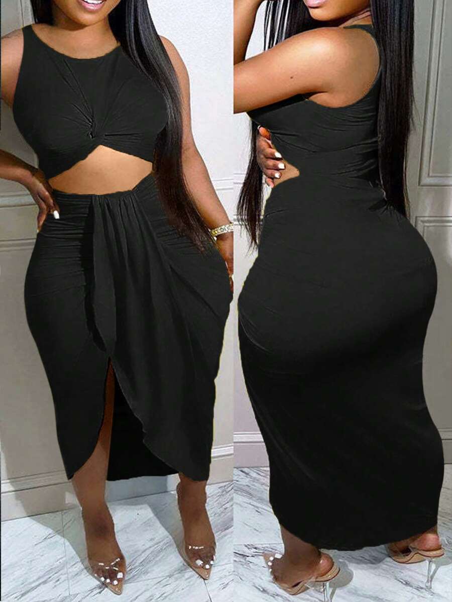 Slaydiva 新款修身中空腰部扭結長款假日/休閒連衣裙 - H - 黑色 - 查看 1