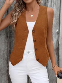 EMERY ROSE Chaleco de pana con botones delanteros en color marrón sólido para otoño/invierno - Café integral - Ver 5